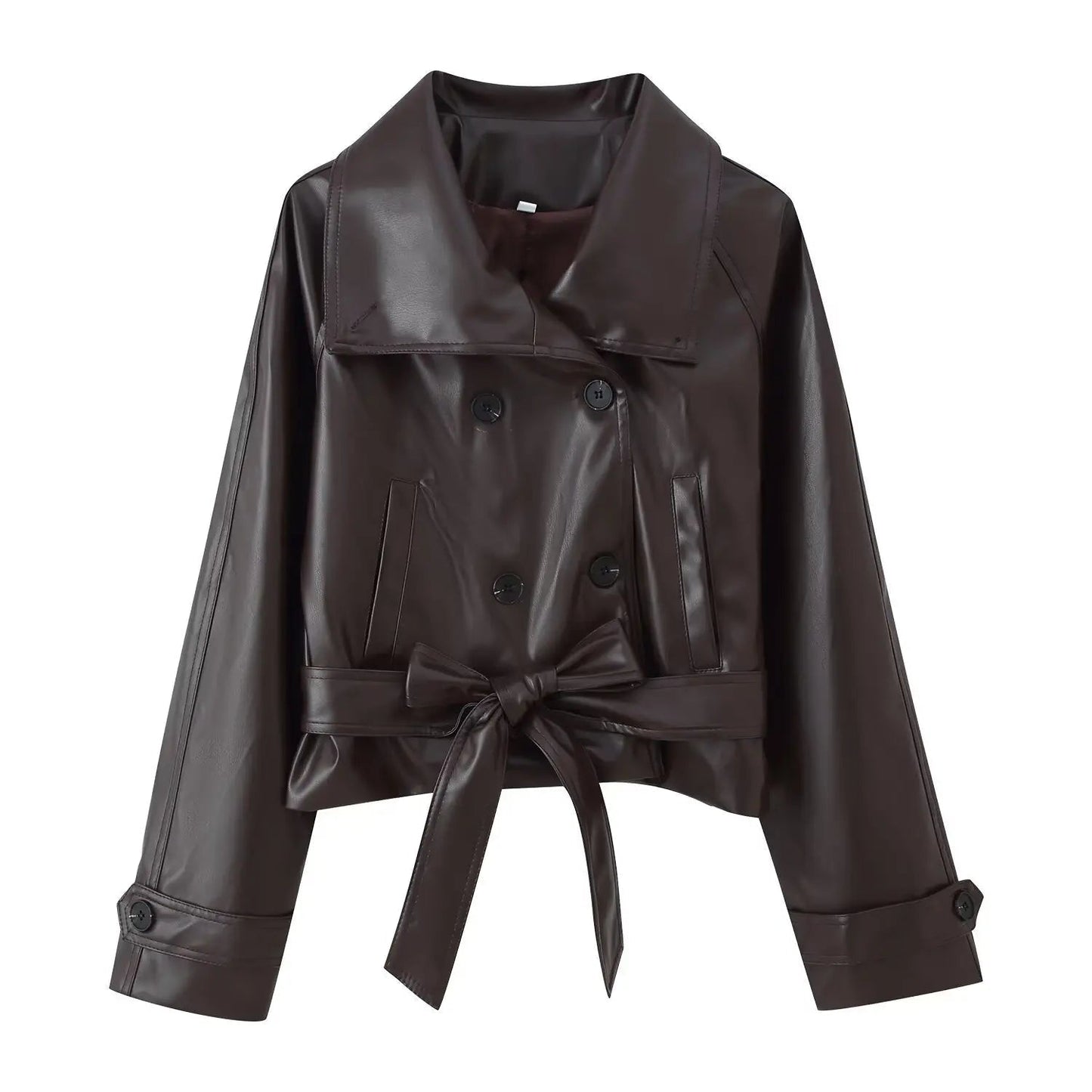 Double-Breasted Faux Leather Lace-Up Trench Coat