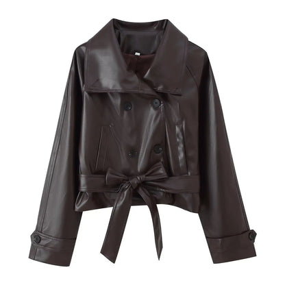 Double-Breasted Faux Leather Lace-Up Trench Coat