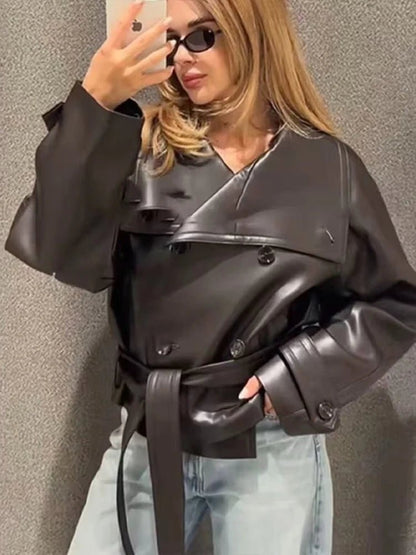 Double-Breasted Faux Leather Lace-Up Trench Coat
