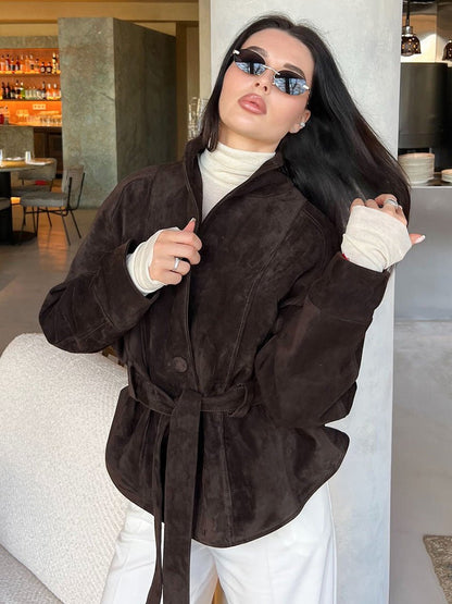 Belted Faux Suede Trench Coat