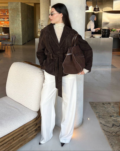 Belted Faux Suede Trench Coat