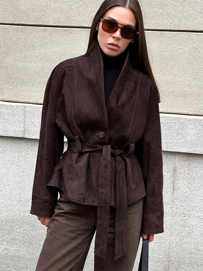 Belted Faux Suede Trench Coat