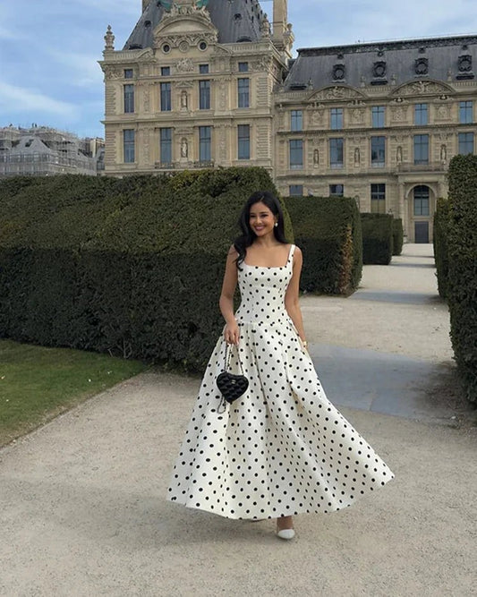 Classic Polka Dot Square Neckline Midi Dress