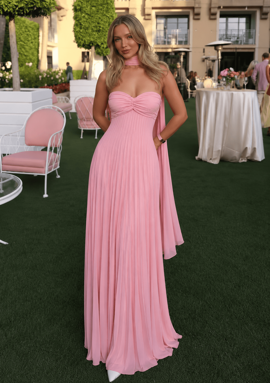 Elegant Strapless Maxi Dress with Scarf