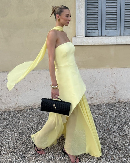 Asymmetric Sheer Maxi Dress with Scarf