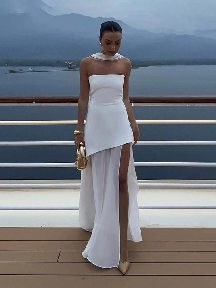 Asymmetric Sheer Maxi Dress with Scarf