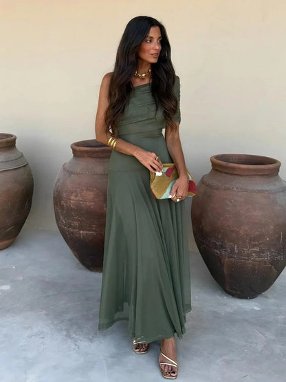 Asymmetric Off-Shoulder Ruched Maxi Dress