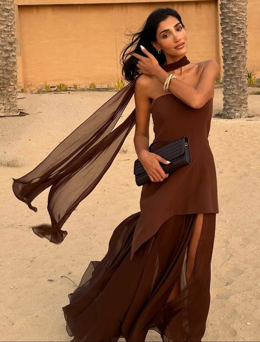 Strapless High Slit Maxi Dress with Scarf