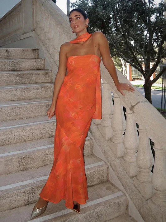 Elegant Strapless Mesh Maxi Dress
