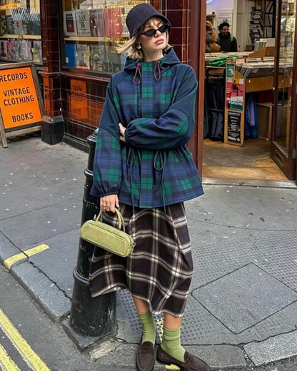 Stylish Oversized Plaid Lace-Up Jacket