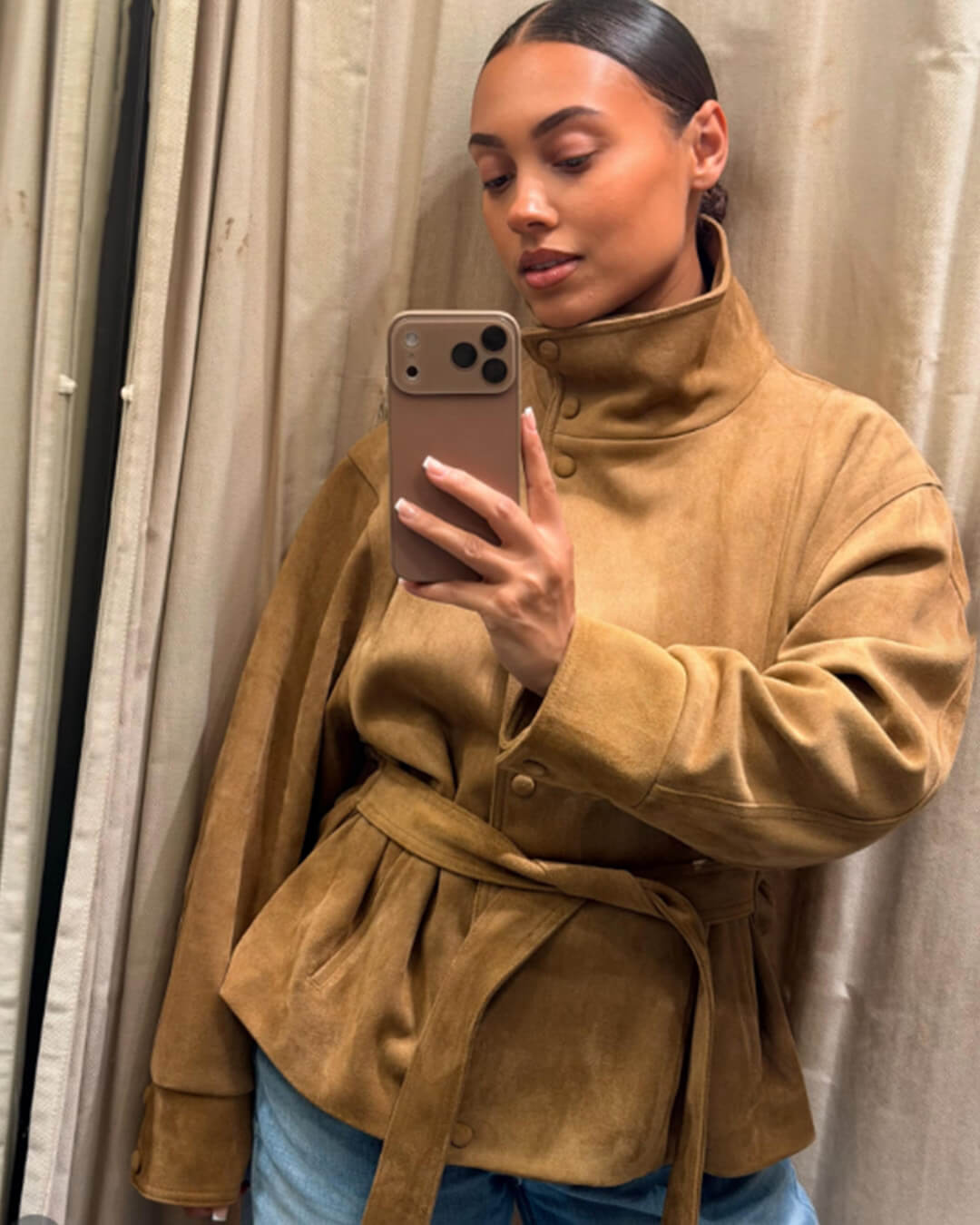 Elegant Belted Lace-Up Suede Jacket