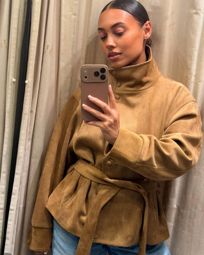 Elegant Belted Lace-Up Suede Jacket