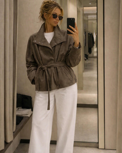 Elegant Belted Lace-Up Suede Jacket