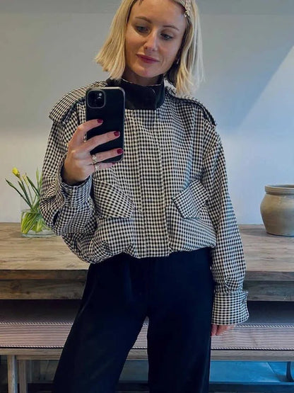 Stylish High Neck Checked Bomber Jacket