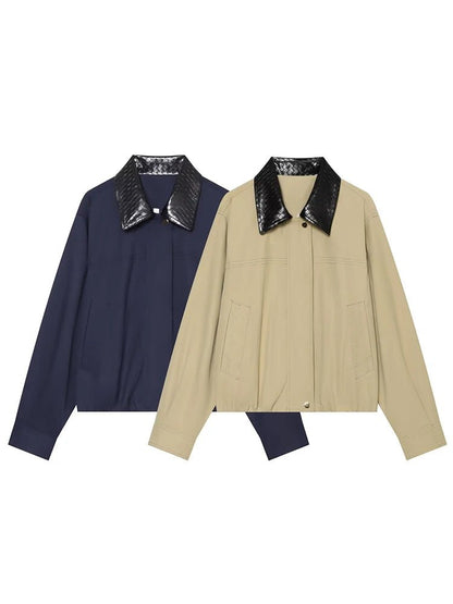Contrast Collar Zip-Up Bomber Jacket