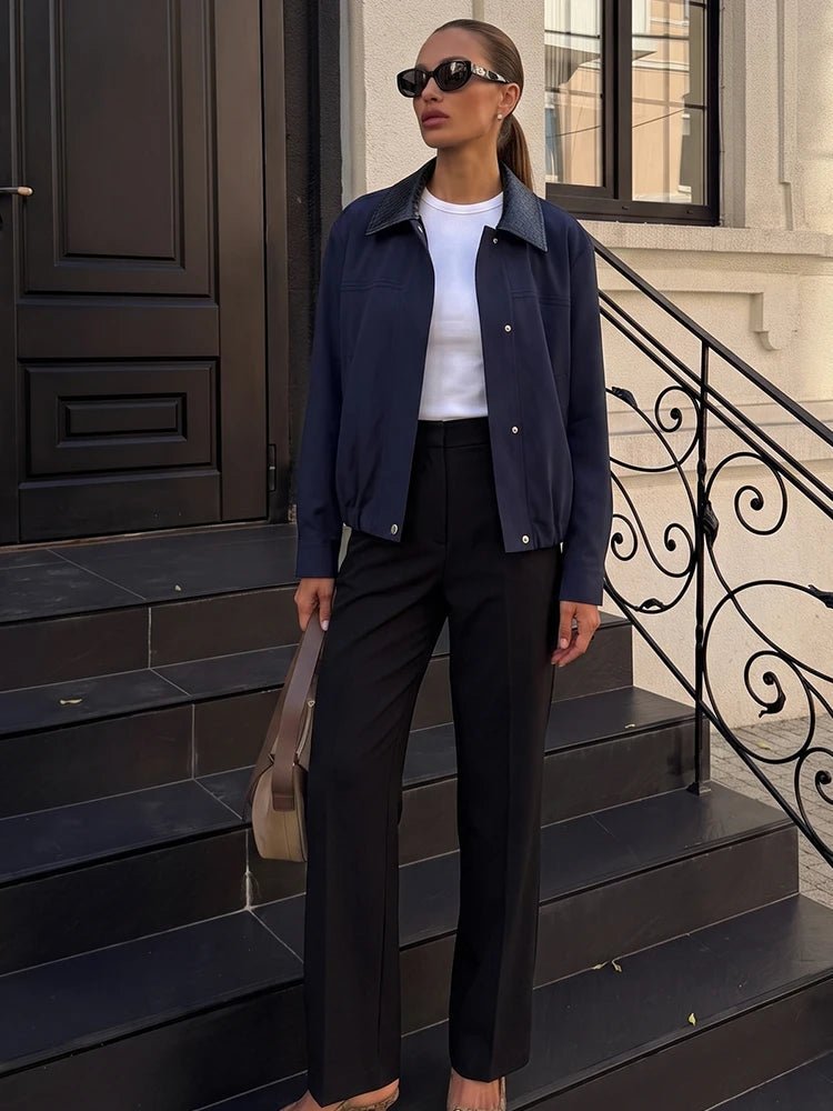 Contrast Collar Zip-Up Bomber Jacket