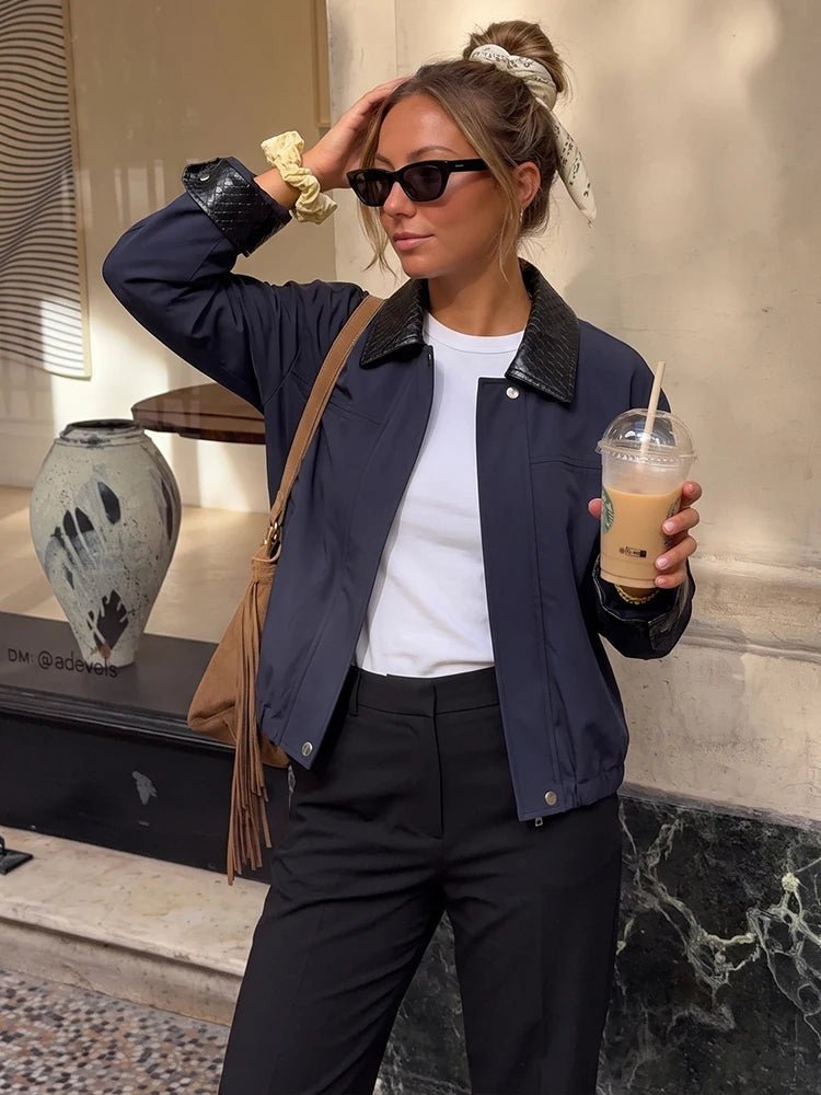 Contrast Collar Zip-Up Bomber Jacket