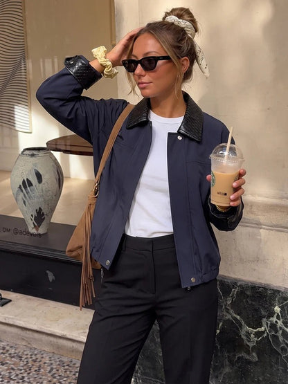 Contrast Collar Zip-Up Bomber Jacket
