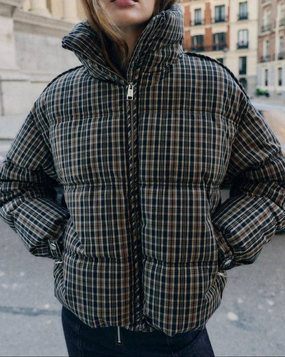 Classic Plaid High Neck Puffer Jacket