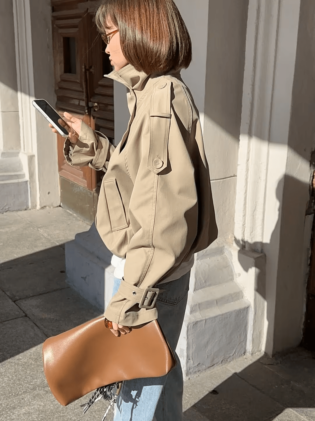 High Funnel Neck Cropped Trench Jacket