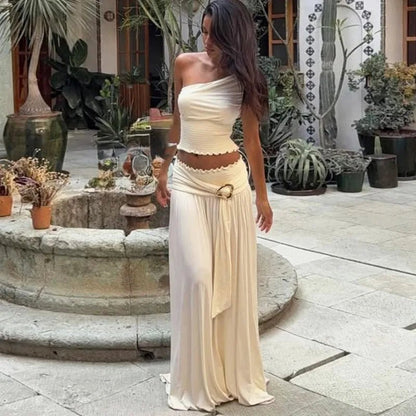 Asymmetric One-Shoulder Belted Maxi Skirt Set