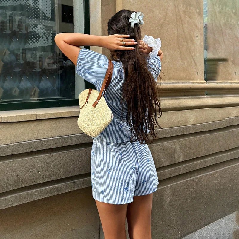Striped Puff Sleeve Tie-Front Shorts Set