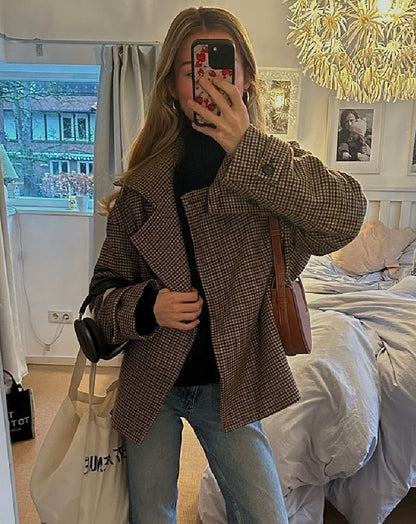 Classic Houndstooth Buttoned Collar Jacket