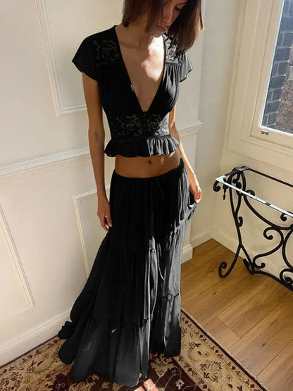 V-Neck Lace Crop Top Chiffon Two-Piece Set