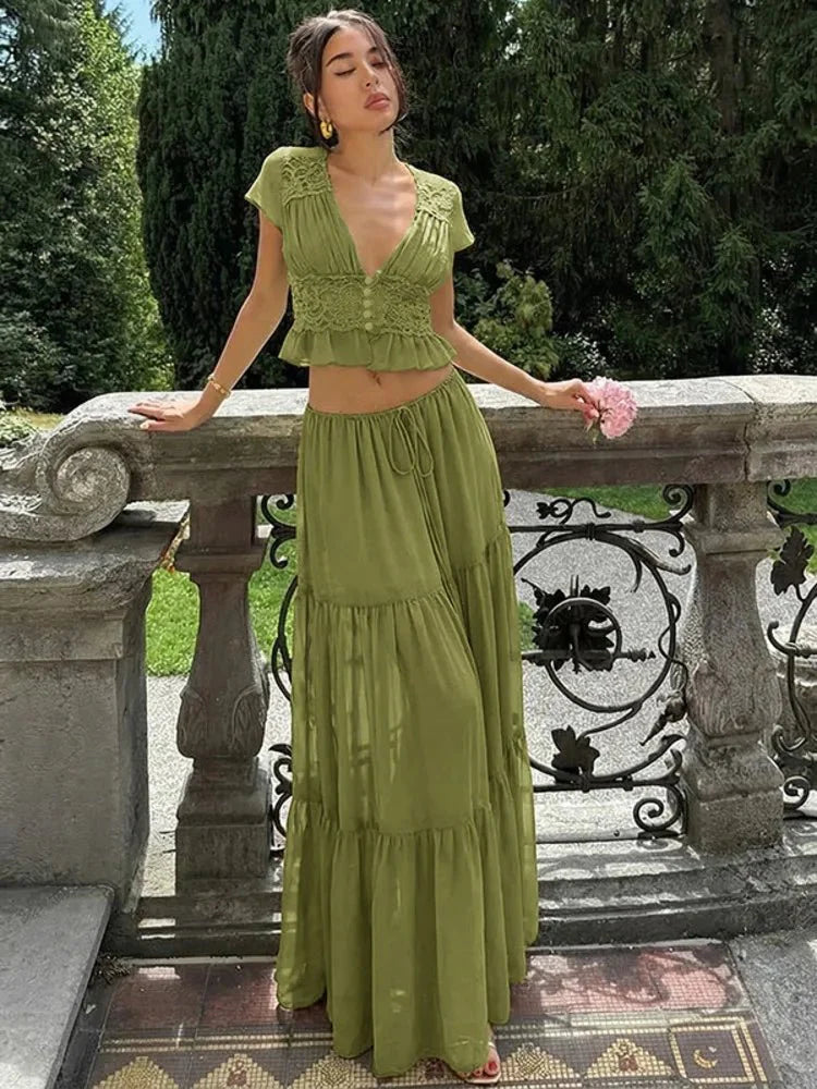 V-Neck Lace Crop Top Chiffon Two-Piece Set