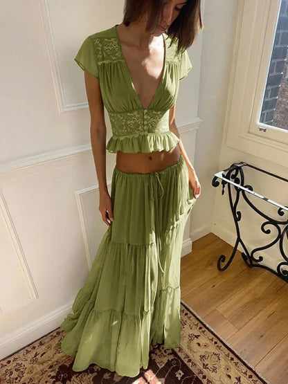 V-Neck Lace Crop Top Chiffon Two-Piece Set