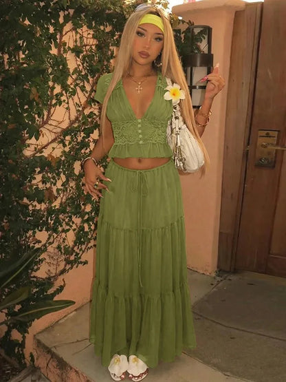 V-Neck Lace Crop Top Chiffon Two-Piece Set