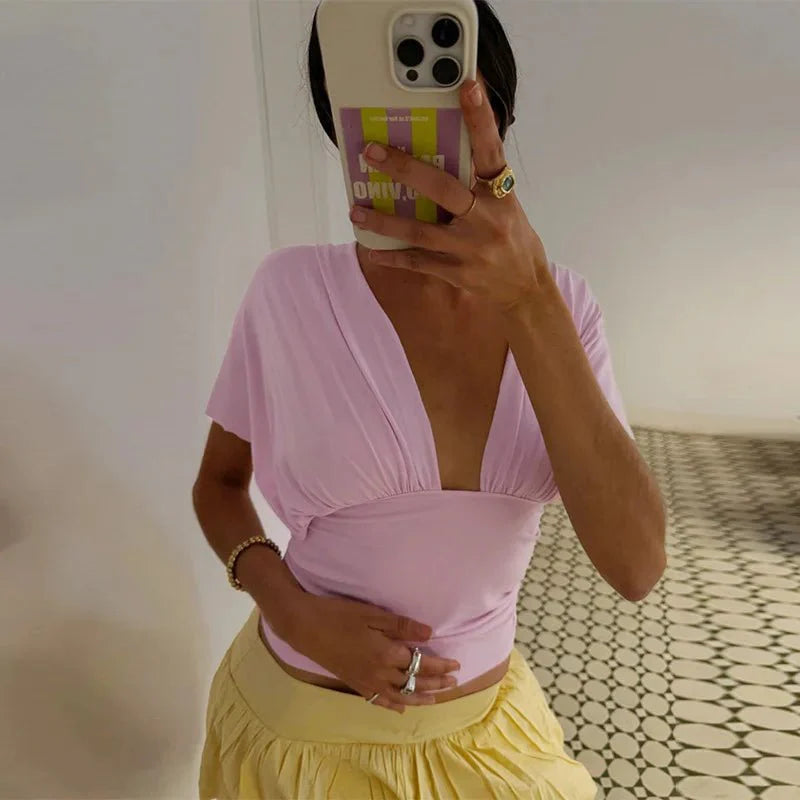 Crop top débardeur à col V plongeant et laçage