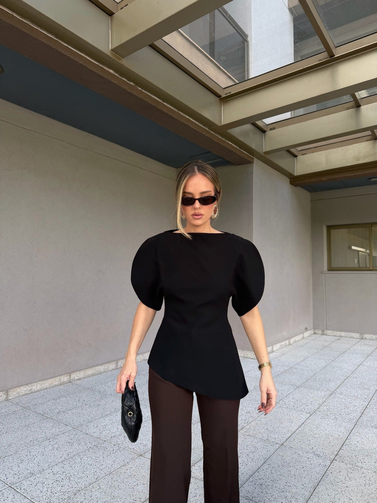 Stylish Tricot Balloon Sleeve Top