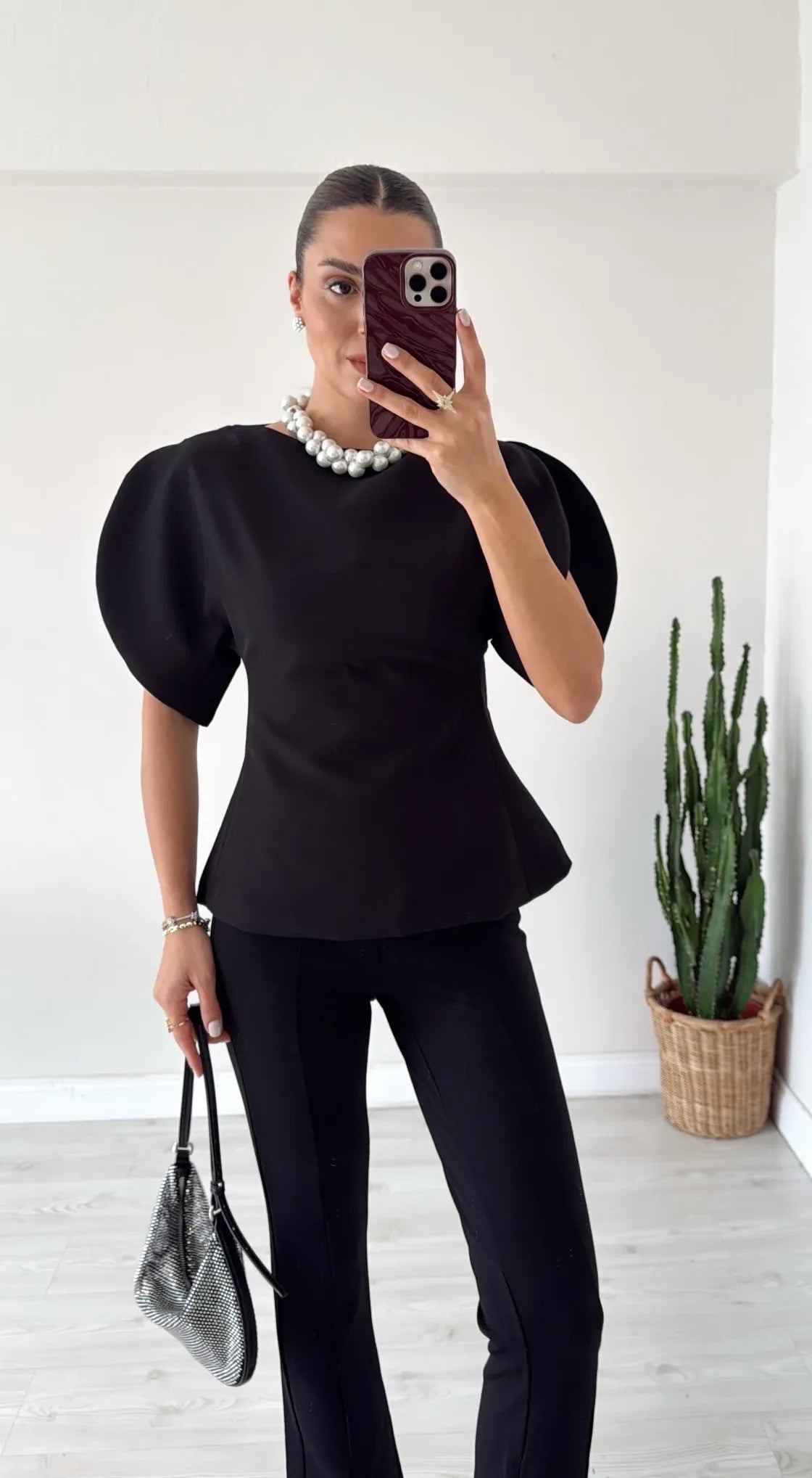 Stylish Tricot Balloon Sleeve Top