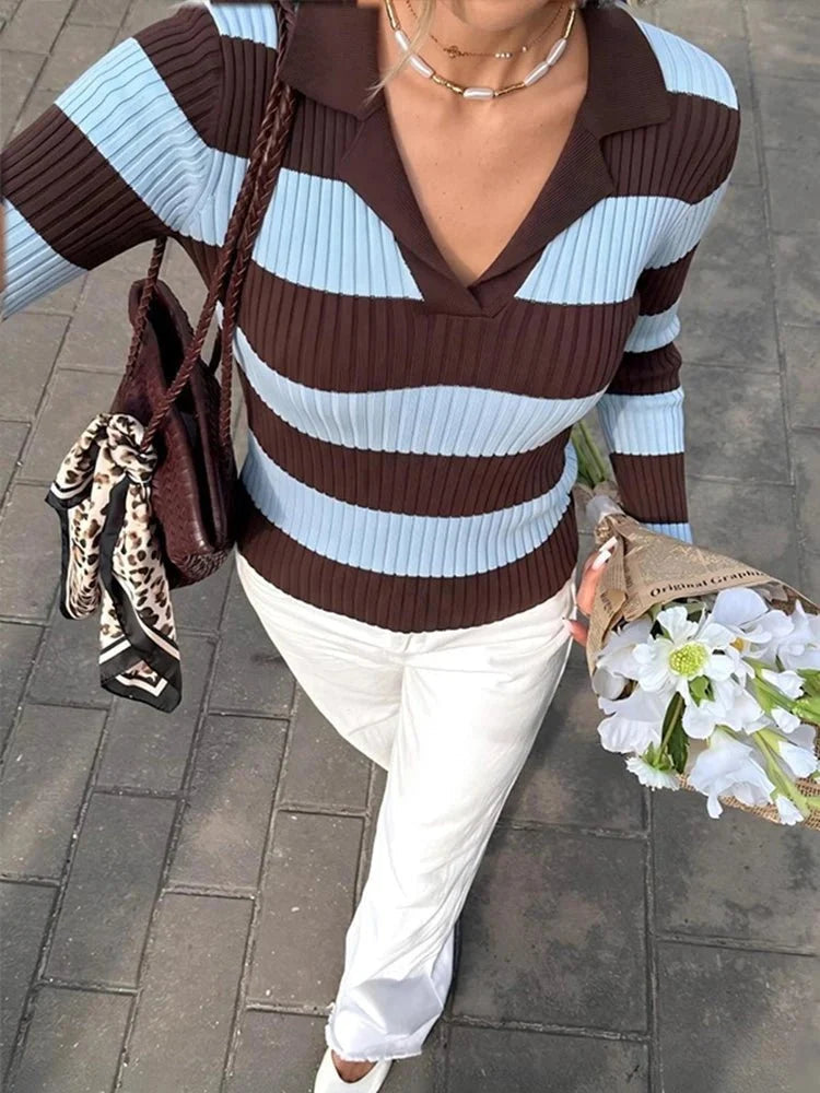 Striped Long Sleeve Knit Polo Pullover